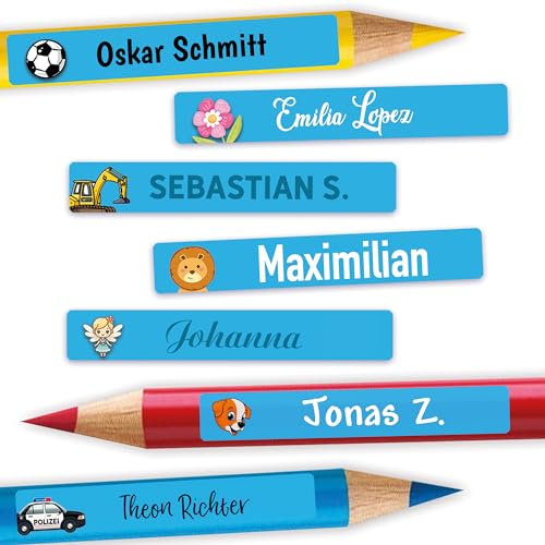Sunnywall® Namensaufkleber Kinder – Stifteaufkleber personalisiert für Schule & Kita, ideal für Stifte & Schulsachen, wasserfest & spülmaschinenfest, starker Halt (Azurblau)