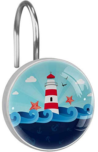 Lilibeely Duschvorhang-Haken, rostfrei, 12 Stück, für Hotel, Badezimmer, Duschstangen – nautischer Hintergrund mit Ankern, Leuchtturm-Druck