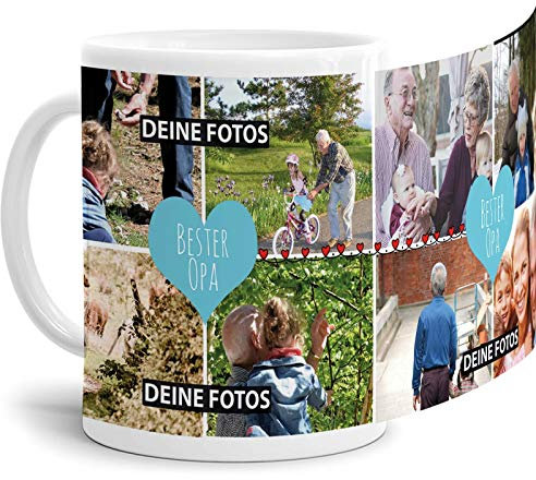 Tassendruck Fototasse mit Spruch - Bester Opa - zum Selbst gestalten mit Foto-Collage für 8 Fotos, Weiß, 300 ml