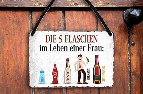 schilderkreis24 – Blechschild Lustiger Sekt Alkohol Spruch “Die 5 Flaschen im Leben Einer Frau“ Deko Bar Küche Prosecco Champagner Secco Wein Geschenkidee Geburtstag Weihnachten 18x12 cm
