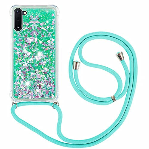 FMPCUON Coque Samsung Galaxy Note 10 Glitter Liquide Collier pour Téléphone Portable avec Cordon - Lanyard Paillettes Flowing Sand Silicone Gel TPU Housse avec Smartphone Collier Étui, Vert