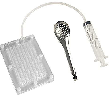 DUEBEL Spherical Caviar Dispenser, Caviar Maker Box, Molecular Gastronomy Kit | 96 Holes Roe Sauce Dispenser with Infuser & Strainer Spoon