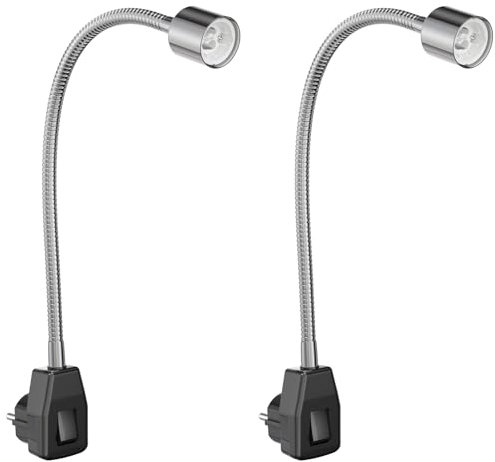 ledscom.de 2 Stück Steckdosenleuchte/Leselampe LESCH, Schwanenhals, Schalter, chrom/schwarz, 1x GU10 max. 10W