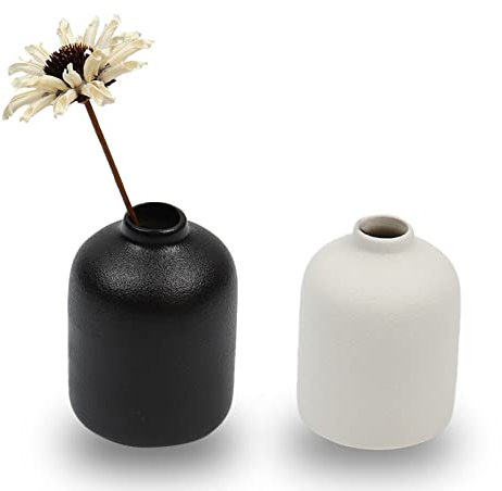 Set of 2 Ceramic Vase for Flower, Small Decorative Flower Vase Set for Home Decor, Living Room, Table, Kitchen, Wedding, Office, White and Black