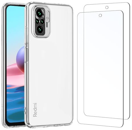 NEW'C Hülle für Xiaomi Redmi Note 10 4G - Ultra Transparent Silikon Weiches TPU Gel und 2 × Panzer Schutz Glas für Xiaomi Redmi Note 10 4G - Anti Scratch