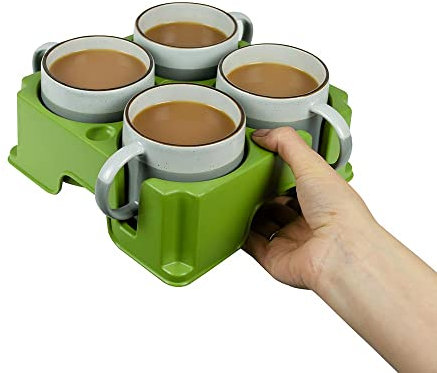 muggi 4 Cup Holder - Reusable Non Spill Drink Holder - Portable Drink Caddy for Motorhome, Caravan, Camping - Mobility Aid Cup Carrier - Hot Drinks Tray, Tea, Coffee & Bottle Holder - Sage Green