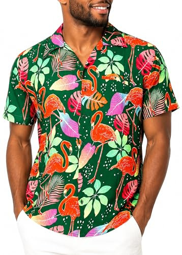 King Kameha Hawaii Hemd Männer - Tropisches Hawaiihemd Herren Kurzarm mit Flamingo-Print & Fronttasche, Ideal für Urlaub, Festival & Strand