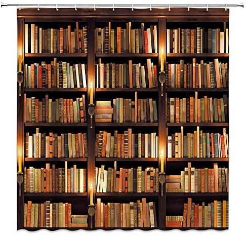 EVRCVAR Vintage Bücherregal Duschvorhang Weltberühmte Bücher Bibliothek Lernen Bildung Klassiker Bücher Kunst Malerei Antike Kerze Licht Rustikale Polyestergewebe Badezimmer Dekoration 178 x 188 cm