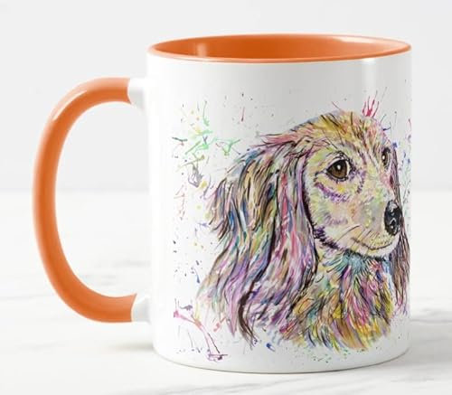 Vixar Dachshund Long haired Sausage Wierner Dog Pet Watercolour Art Coloured Mug Cup Gift Birthday Work Office Christmas Tea Coffee (Orange)