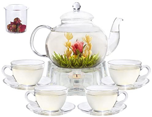 Glass Teapot Set, 40OZ/1200ml Stovetop Safe Glass Tea Kettle with Removable Infuser & Tea Warmer, Tea Cups and Saucers Set of 4, Blooming Tea & Loose Leaf Tea Maker Set for Women
