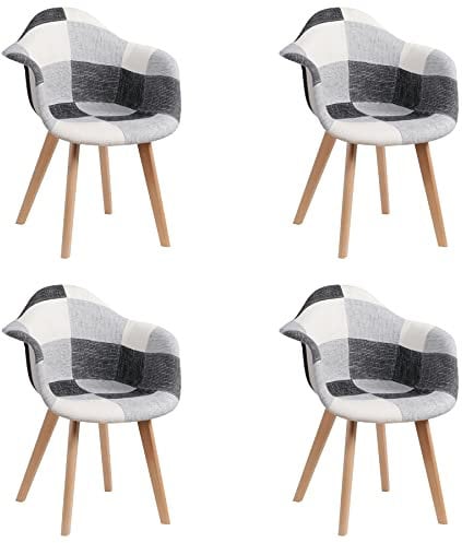 GrandCA HOME 4er-Set Esszimmerstühle mit Armlehne, Vintage-Küchenstühle, Sessel, Massivholzbeine und Patchwork-Stoffsitz, für Schlafzimmer, Wohnzimmer, Esszimmer und Küche, Schwarz