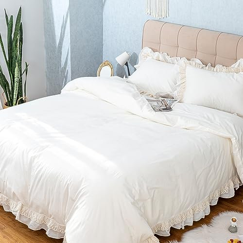 GLORY SEASON Bettbezug-Set,100% Baumwolle,Rüschen,Spitzenrand,naturweiß,farbstofffrei,elfenbeinfarben,gewaschen,ganzjährig,Trösterbezug,Bettwäsche-Sets,passende Kissenbezüge (Elfenbein, 200x200cm)