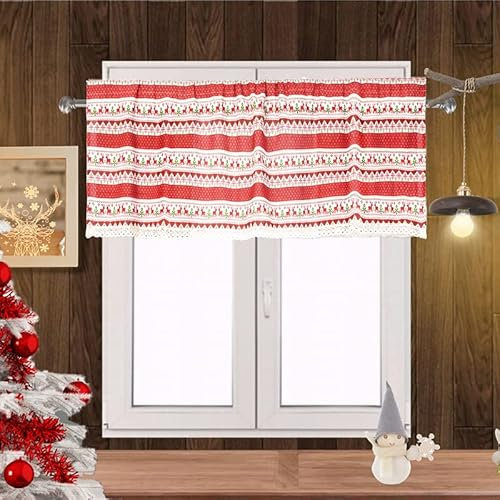 Devola Scheibengardinen Kurz Weihnachten Gardine mit elch kurzgardine aus Leinenstoff Bedruckt Bistrogardine Halbtransparent Küchengardinen modern mit Stangendurchzug BxH 137x61cm Rot 1 Stück