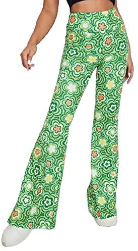 EVELUST Pantalon évasé imprimé Pour Femme, Tenues Rave Taille Haute Avec bas de Cloche, Pantalon de Yoga décontracté et Confortable, vert, Taille M
