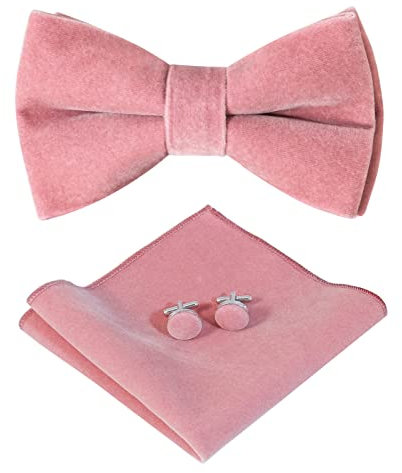 HOULIFE Fliege Herren Set - Verstellbare Fliege aus Samt Vorgebunden Fliege, einfarbige Einstecktuch, Manschettenknöpfe Set für Bräutigam Hochzeit formal mit Geschenkbox, Rauchrosa
