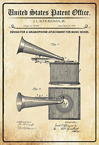 DekoDrom® Blechschild 20 x 30 cm US Patent Grammophon Schallplatten Musik historisches Motiv Wand Deko Sammler Geschenk
