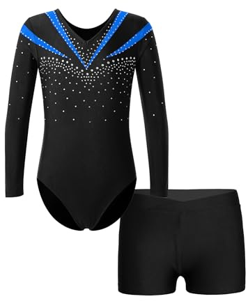 iEFiEL Kinder Mädchen Turnanzug Gymnastik Outfits Glitzer Trikot mit Shorts Tanz Akrobatik Bodysuit V-Ausschnitt Sport Anzug