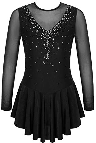 iEFiEL Mädchen Glitzer Eiskunstlauf Kleid Langarm Tanzkleid mit Strass Ballett Trikot Patchwork Ballettanzug Wettbewerb Kostüm Ya Schwarz 170-176