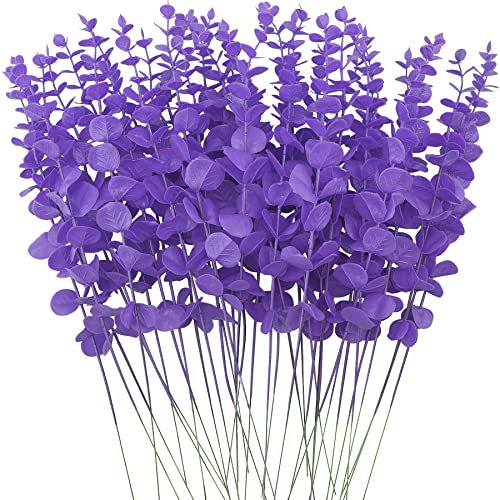 FEQO 36 Stück violette künstliche Eukalyptuszweige mit Blättern, 15 Zoll lang, ideal für Hochzeitssträuße und Heimdekoration