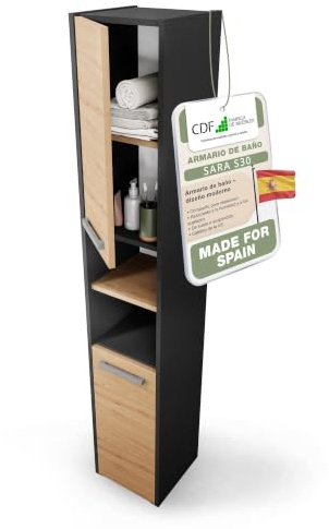 CDF Hochschrank SCHMAL HOCH-Schrank Badschrank 30 cm Breit Badezimmerschrank Nischenschrank Badmöbel für Kosmetik Handtücher Badezimmer Bad WC Toilette Flur Stehend Eiche Artisan/Anthrazit | 30x30x170