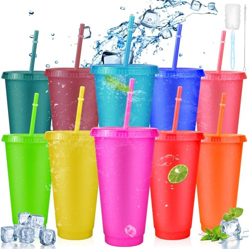 10Pcs Iced Water Cups with Lids & Straws, 24oz Reusable Cold Drinking Tumblers Colourful Gold Glitter, BPA Free Plastic Cup Tumbler Set, Coffee Smoothie Slushy Drinking Cup, Party Cups for Kid Adults