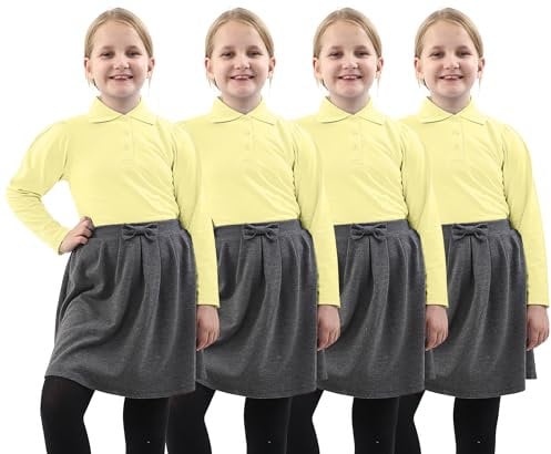 GW CLASSY OUTFIT Pack of 4 Girls Long Sleeves Uniform Polo School Shirts Kids T Shirts Uniform Polo PE Tops UK Size (7-8 Years, 4X Yellow)