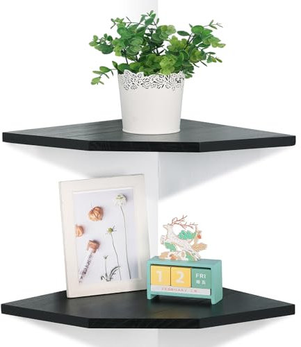 DUICIRX Corner Wall Shelves Set of 2, Rustic Wood Corner Floating Shelves with Cable Raceway, Wall Mount Storage Display for TV Accessories, Baby Monitor, Speaker, Cable Box (Black, Diamond- 12 Inch)