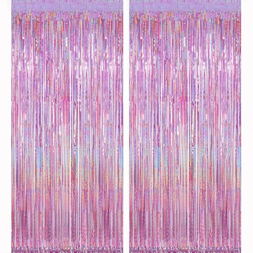 Pink Glitter Metallic Tinsel Foil Fringe Curtains Backdrop Streamers | 2Pcs 3.3 x 8.2ft for Photo Booth Props, Bachelorette, Mermaid Unicorn, Valentines Day, Girls Birthday Party Decorations