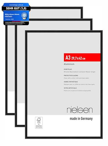 nielsen cadre photo, 29,7 x 42 cm (A3) (set de 3), aluminium, Noir mat, cadre affichepour accrocherau format paysage et portrait, verre synthétique, Atlanta