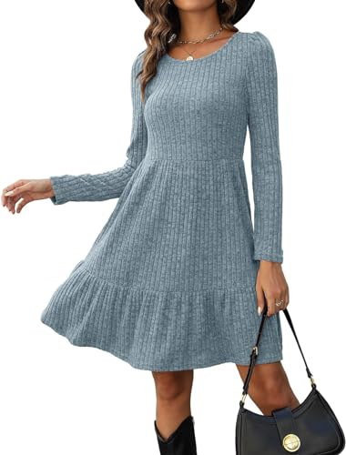 Zetieny Dress for Women Long Sleeve Jumper Dresses UK Knitted Round Neck Tunic Dress Casual A Line Elegant Sweater Dresses Autumn Winter Blue