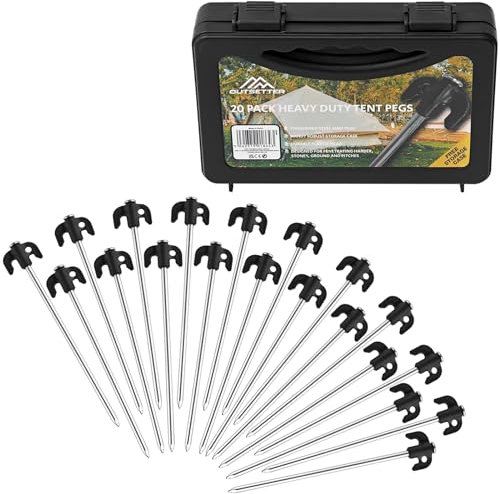 20 Pack Galvanised Steel Tent Pegs with Storage Case Heavy Duty Skewer Tent Pegs Metal Galvanised Awning Pegs Long Steel Ground Stakes for Camping Hard Ground Peg for All Ground Types Outdoor