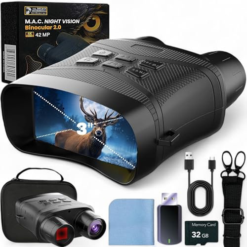 M.A.C. Night Vision Glasses, 4K Night Vision Binoculars for Adults, 7 Infrared Levels and 5X Digital Zoom with 5000mAh Rechargeable Battery, 3 HD Screen and Card
