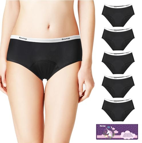 Rovtop Periodenunterwäsche für Teenager-Mädchen, 25 ml saugfähige Periodenhöschen, 4-lagige auslaufsichere Periodenslips, 5-teilige Baumwollunterwäsche für 5 Tampons M