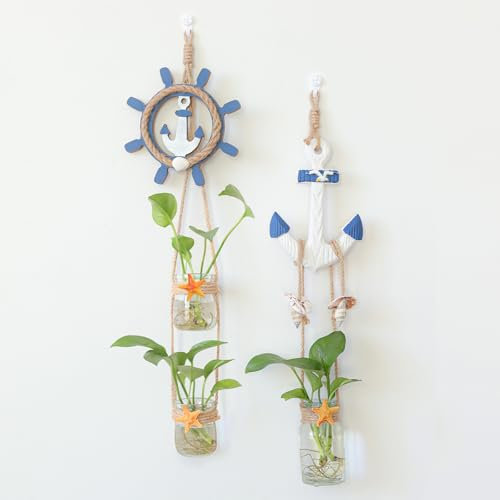 Fangoo 2 Pezzi Vaso Da Parete Vetro Trasparente Cremagliera Per Piante Vasi Per Piante Grasse Da Interno Timone In Legno Ancora Decorativa Casa Mare Acquario Flower Pot Breeding