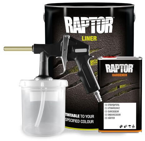 RAPTOR Lack Grau inkl. Härter & Lackierpistole - kratzfeste Beschichtung für Fahrzeuge - RAL 7021