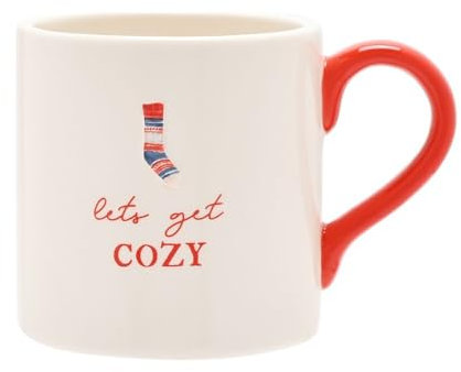 Widdop and Co. - Country Living - White/Red Glazed Ceramic Mug Cup 300ml - Lets Get Cosy. Home Decor Gifting for Tea, Coffee, Kitchen & Dining Room + Fall & Nature Lovers - 10.5oz.