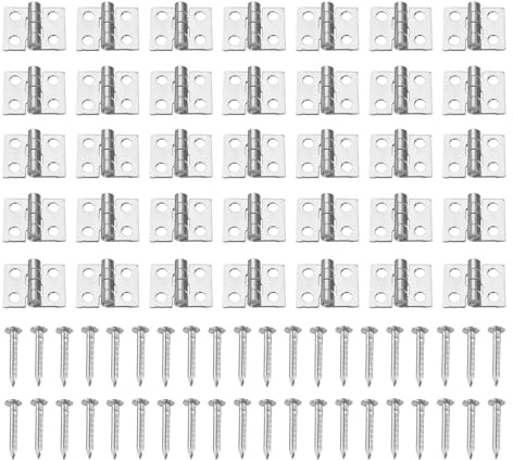 QUARKZMAN 35 Stück Scharniere Mini Scharnieren Antik Scharniere Klappbar Klein Retro Scharniere Messing mit 140 Schrauben zum Basteln für Schrank Truhe Holzkiste Modellbau DIY, Silber