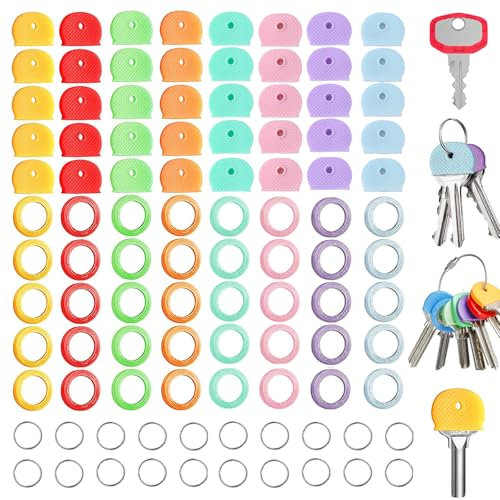 Lot de 100 capuchons pour clés, comprend 40 capuchons en PVC pour clés, 40 étiquettes rondes flexibles pour clés et 20 porte-clés, 8 couleurs, 2 styles pour assortir vos roses pour clés