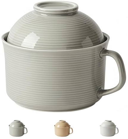 Dowbom Bol à soupe avec couvercle, bol à ramen en porcelaine de 1000 ml, passe au micro-ondes instantané, grande tasse à soupe (gris)