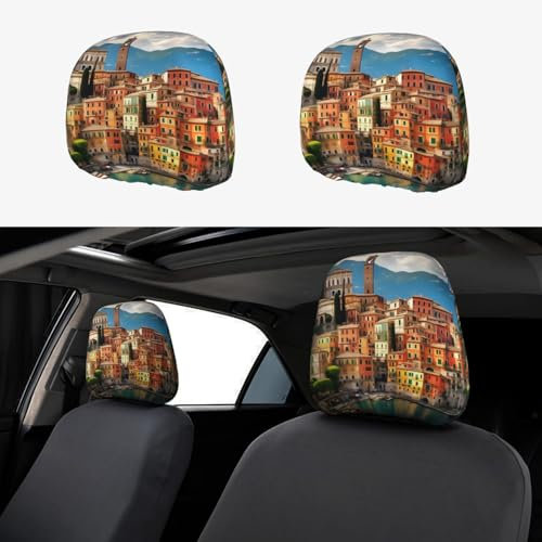TTYDOKLA Autositzbezug mit schönem Italien-Druck, Polyester-Kopfstützenbezüge, bequem und stilvoll, Set