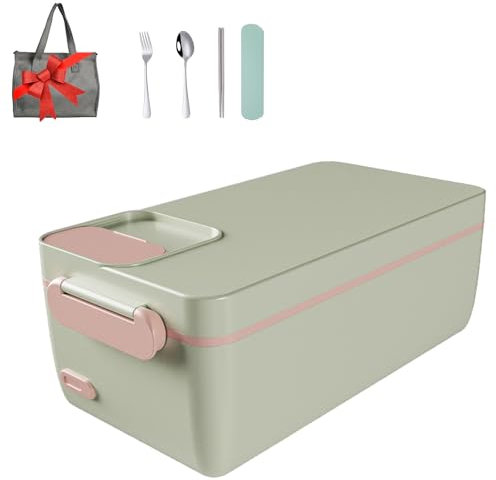 Electric Heated Lunch Box, Portable Self Heating Lunch Box, Rechargeable Lunch Warmer with LED Display & Tableware, Removable Stainless Steel Container, Heatable Lunch Box for Home Office(Green)