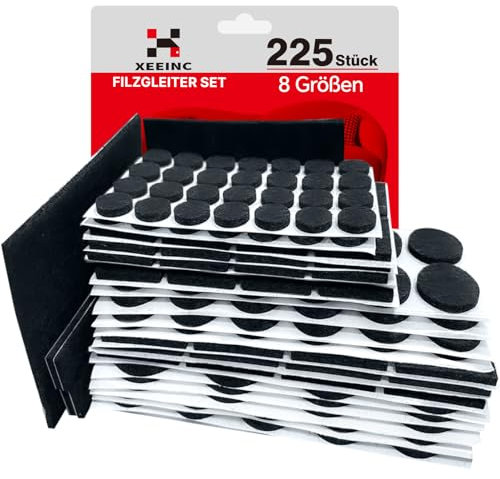 XEEINC set di 225 Feltrini Adesivi per Mobili Sedie, Feltrini per Sedie Rotondi Quadrati, 3mm di spessore, con 8 taglie, Antiscivolo, Feltrini per Mobili Pesanti - Nero