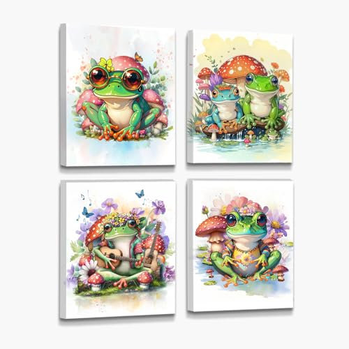 QPOKLAF Lustige Frosch-Wandkunst-Leinwanddrucke für Badezimmer, Wanddekoration, Vintage-Frosch-Pilz-Kunstdrucke, Frosch-Badezimmer-Kunst-Leinwandposter für Schlafzimmer, Wohnzimmer, 4er-Set (20,3 x