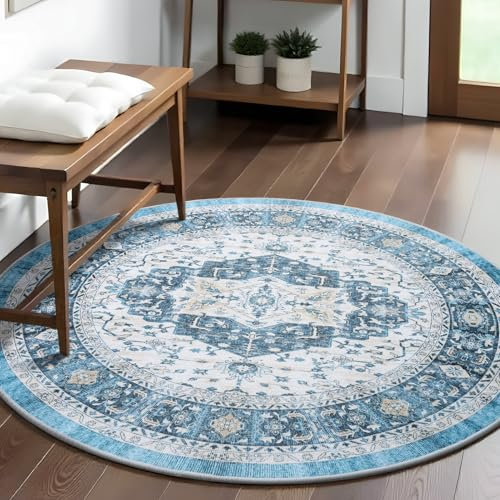 Carvapet Waschbar Teppich Rund 150cm rutschfest Dünner Teppich Gegend Kreis Blauer Retro Medaillon Fußboden Teppich für Wohnzimmer Schlafzimmer
