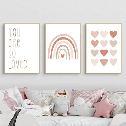 Ueiwffzo 3er Set Poster Bilder Kinderzimmer Rosa Regenbogen Gänseblümchen Bilder, Rosa Poster & Kunstdrucke, Bilder Leinwand Mädchen Kinderzimmer Deko, Ohne Rahmen (B,50x70cm)