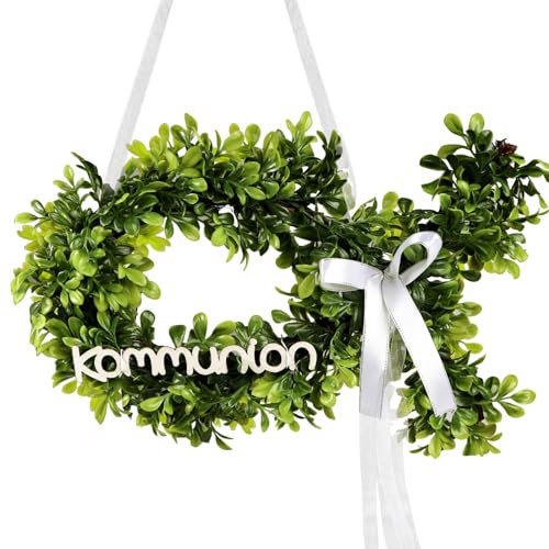 BETESSIN Kommunion Deko Eukalyptus Grün - Künstlicher Eukalyptus Türkranz in Fischform - Kommunion Kranz für Haustür, Fenster, Wand, Garten UVM. - 34x20 cm
