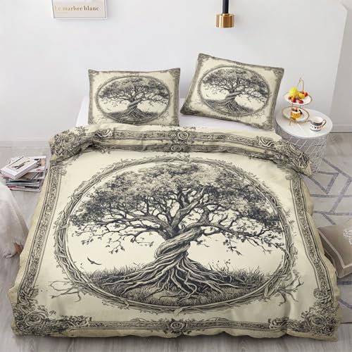 Maohryzed Vintage Wikinger Bettwäsche 135x200 2teilig, Soft Baum des Lebens Bettbezug, Warme Winter Bettwäsche-Sets, Microfaser Wendebettwäsche mit Reißverschluss und 1 Kissenbezüge 80x80 cm