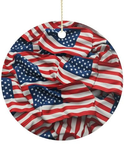 Keramik-Weihnachtsschmuck, USA-Flagge, bedruckt, rund, Outdoor-Dekoration, hängende Anhänger, doppelseitig, Keramik-Ornamente für Weihnachtsbaum, Heimdekoration, 7,4 cm