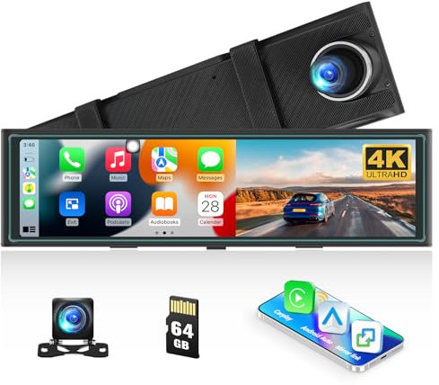 SIXTOP 4K Spiegel Dash Cam mit Carplay/Android, vordere und hintere Dual-Kameras, 10,99 Zoll Touchscreen Rückfahrkamera Spiegel mit DVR Loop Recording/2 Split Screen//Airplay/AUX/FM