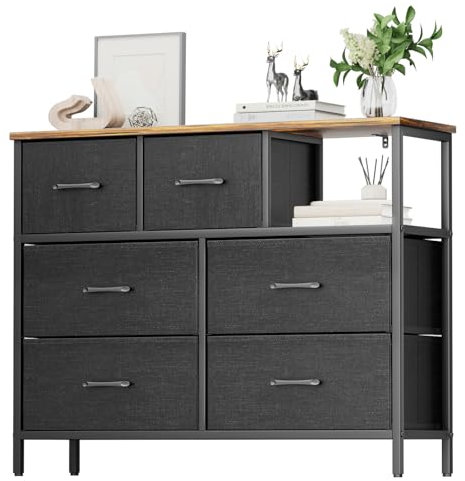Flycity Kommode mit Schubladen, Schubladenschrank mit Oxford-Stoffschubladen, Verformt Sich Nicht Leicht, 132 × 30 × 82 cm, Komodenschrank, Sideboard für Wohnzimmer, Schlafzimmer, Flur, Vintagebraun